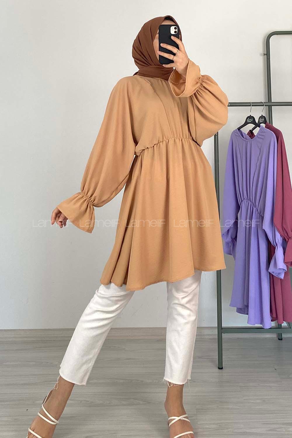 Modalamelif Balon Kol Ayrobin Tunik Camel