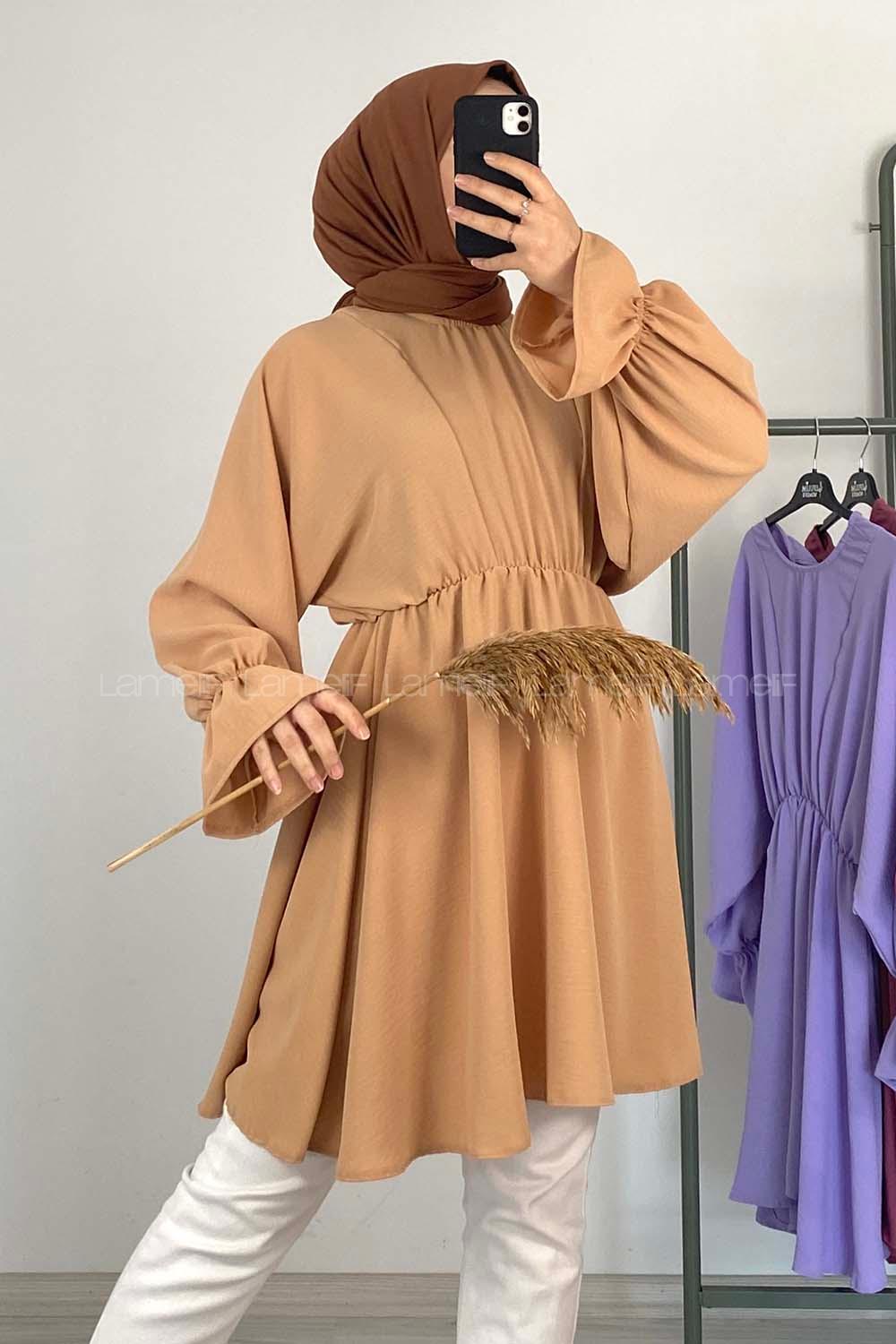 Modalamelif Balon Kol Ayrobin Tunik Camel