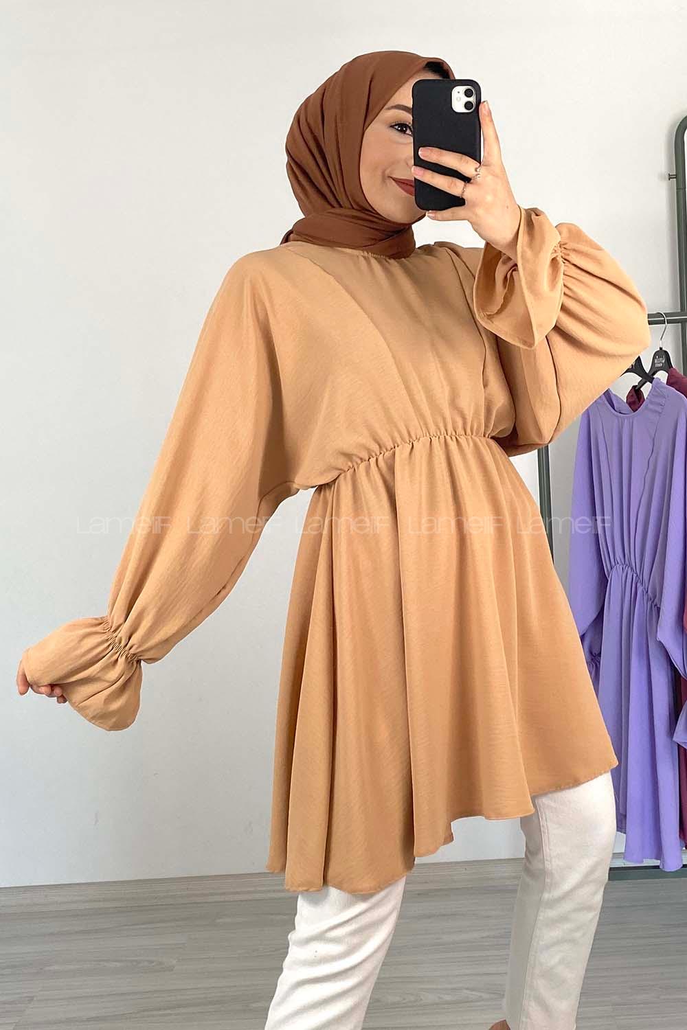 Modalamelif Balon Kol Ayrobin Tunik Camel