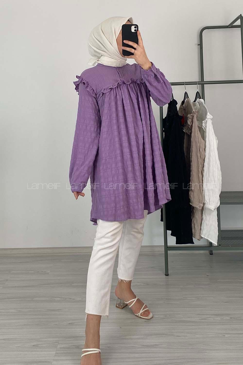 Modalamelif Hakim Yaka Gofre Tunik Eflatun