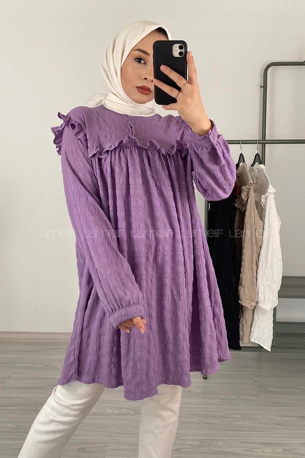 Modalamelif Hakim Yaka Gofre Tunik Eflatun