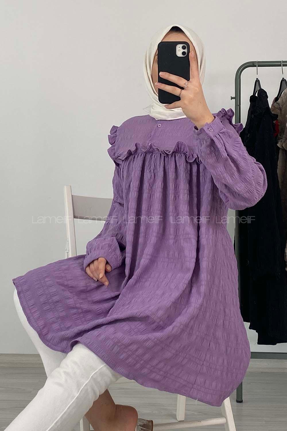 Modalamelif Hakim Yaka Gofre Tunik Eflatun