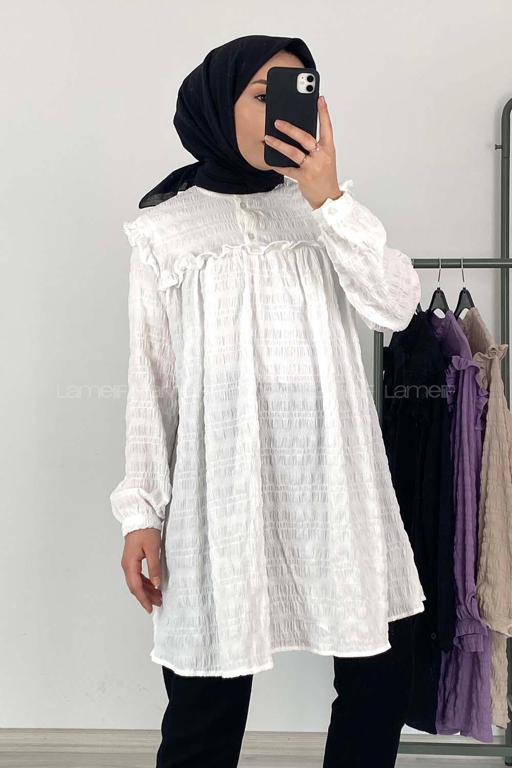 Modalamelif Hakim Yaka Gofre Tunik Ekru