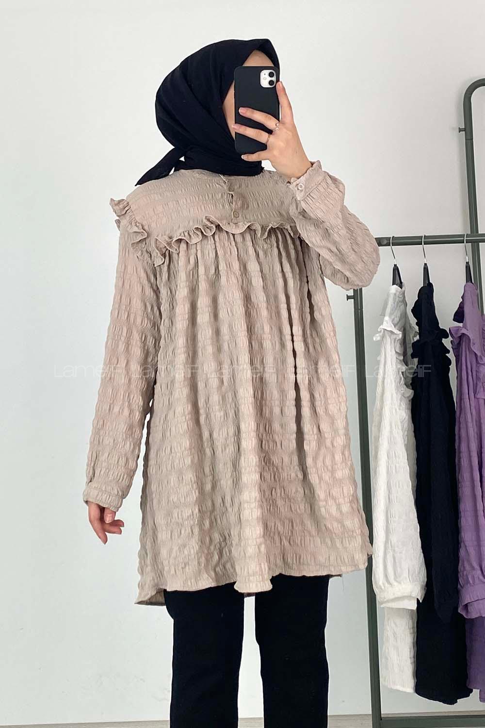 Modalamelif Hakim Yaka Gofre Tunik Vizonrengi