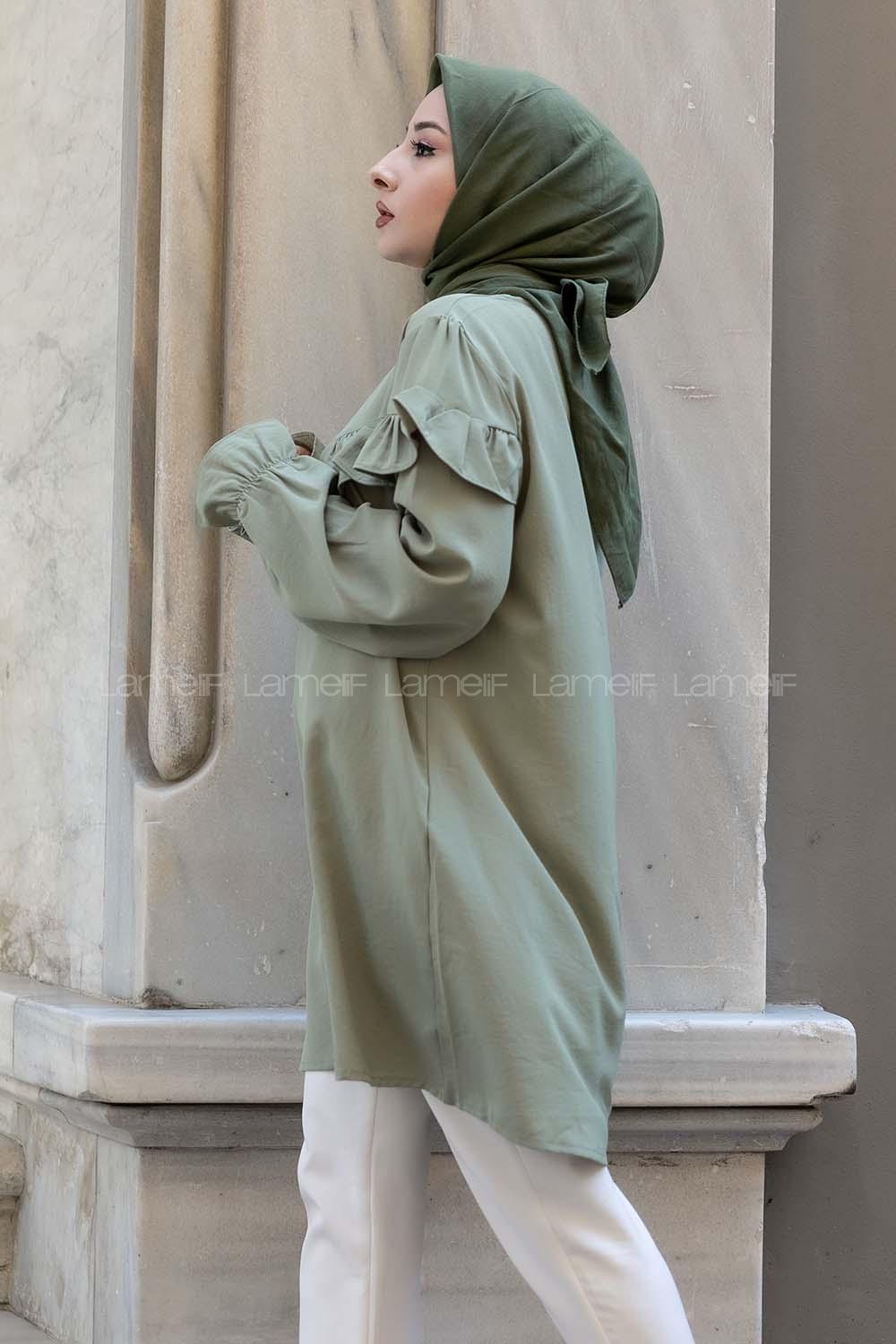 Modalamelif Kol Lastikli Fırfırlı Tunik Çağla Yeşili