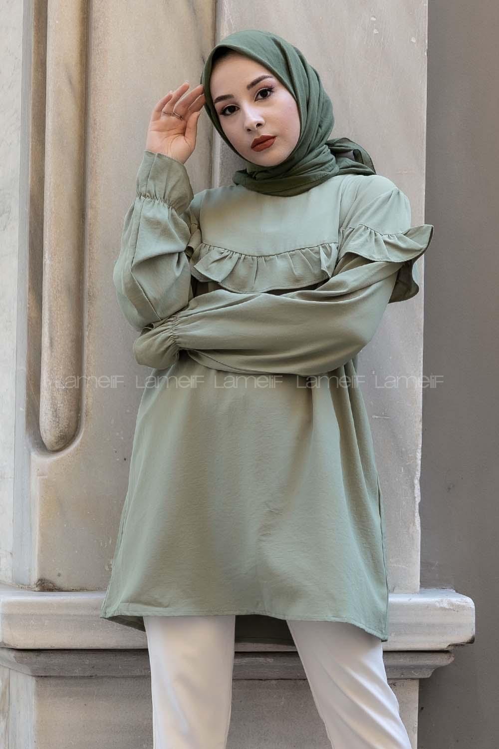 Modalamelif Kol Lastikli Fırfırlı Tunik Çağla Yeşili