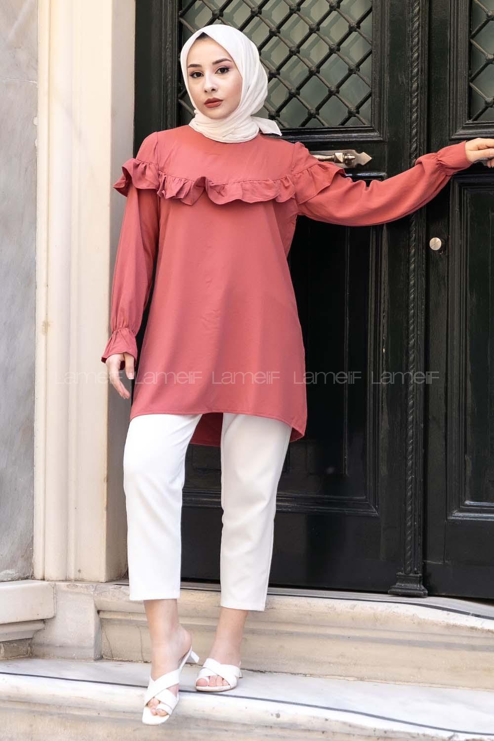 Modalamelif Kol Lastikli Fırfırlı Tunik Gül