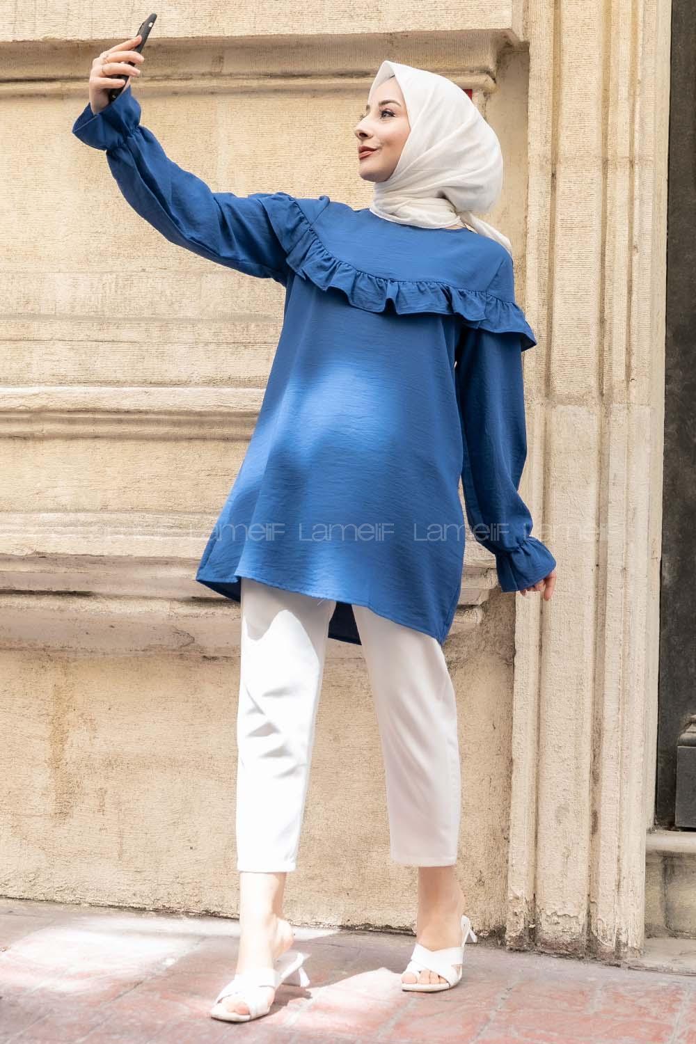 Modalamelif Kol Lastikli Fırfırlı Tunik İndigo