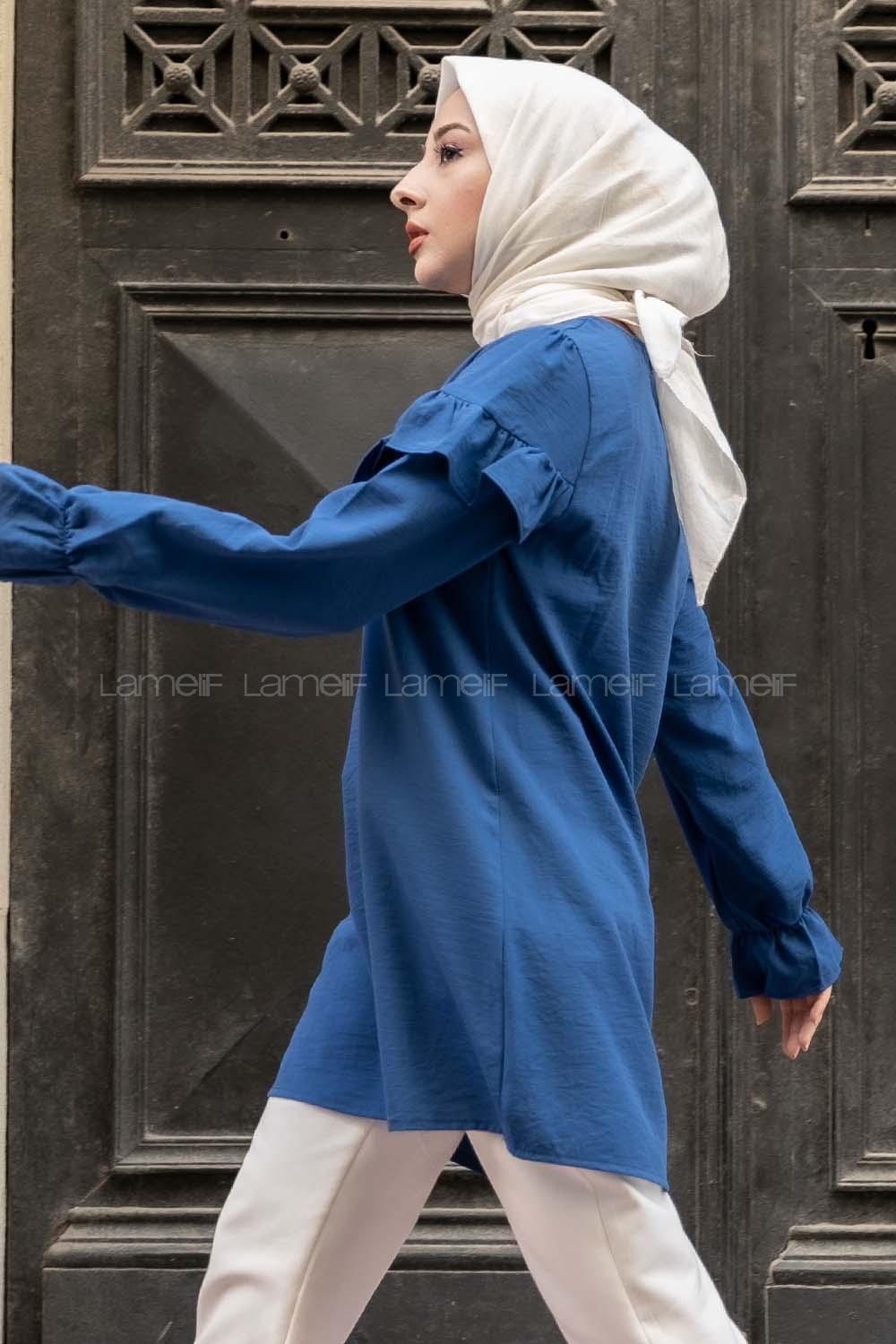 Modalamelif Kol Lastikli Fırfırlı Tunik İndigo