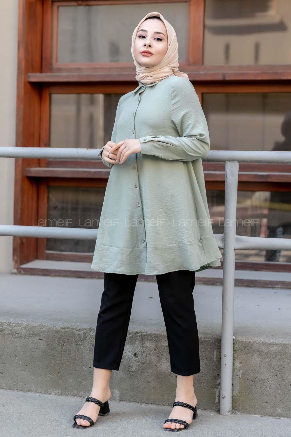 Modalamelif Önü Düğmeli Oversize Tunik Çağla