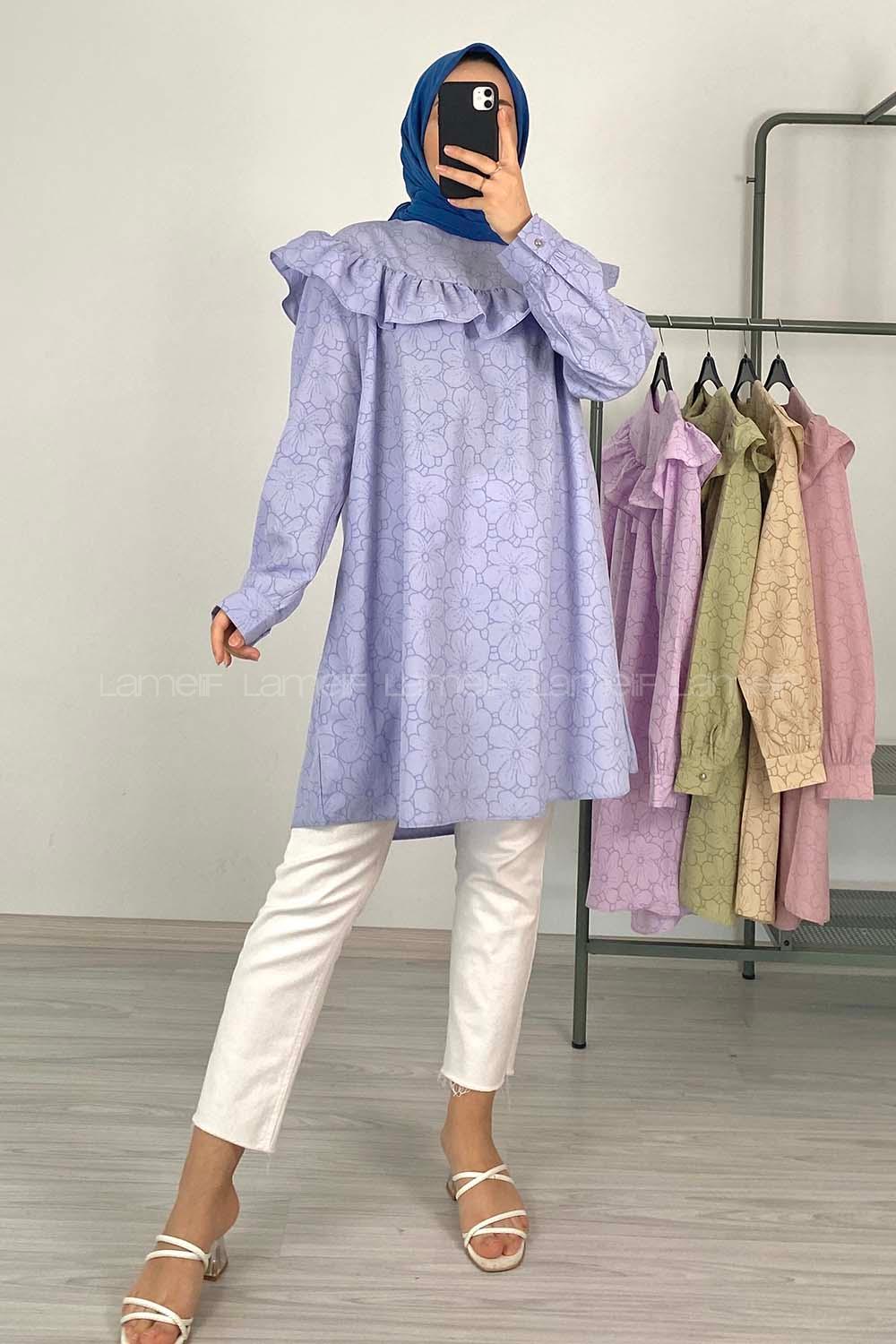 Modalamelif Önü Fırfırlı Desenli Tunik Açık Mavi