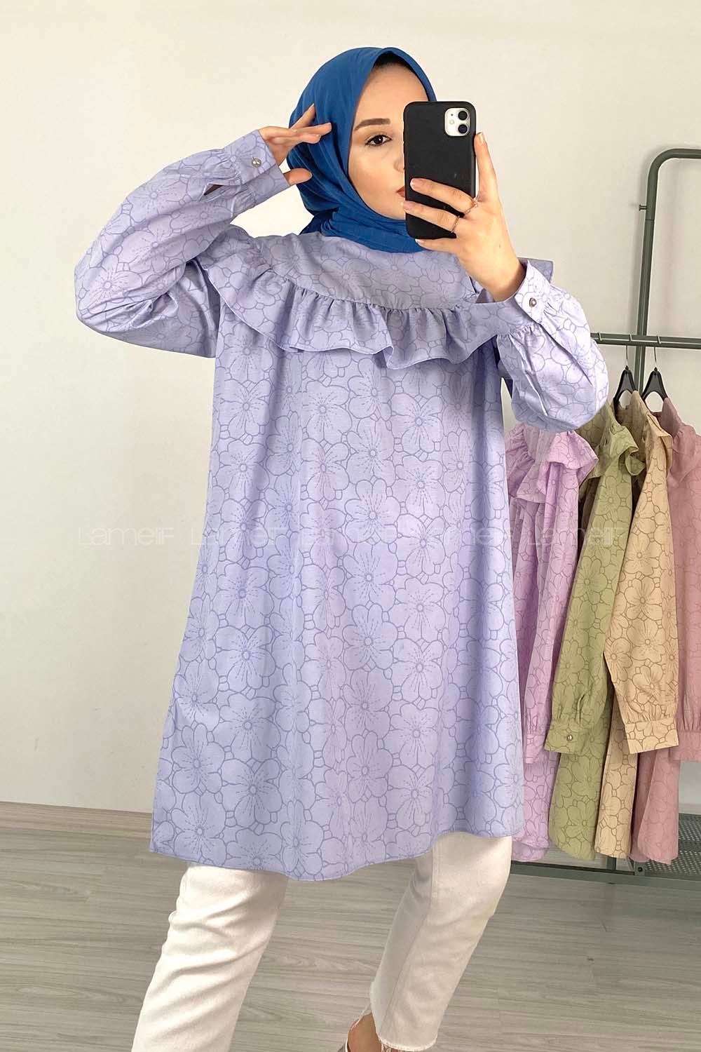 Modalamelif Önü Fırfırlı Desenli Tunik Açık Mavi