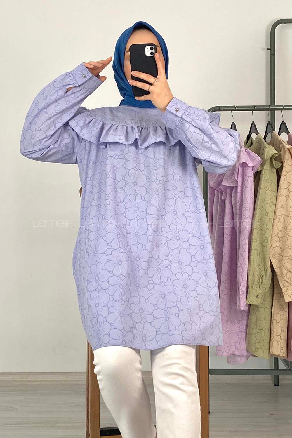 Modalamelif Önü Fırfırlı Desenli Tunik Açık Mavi