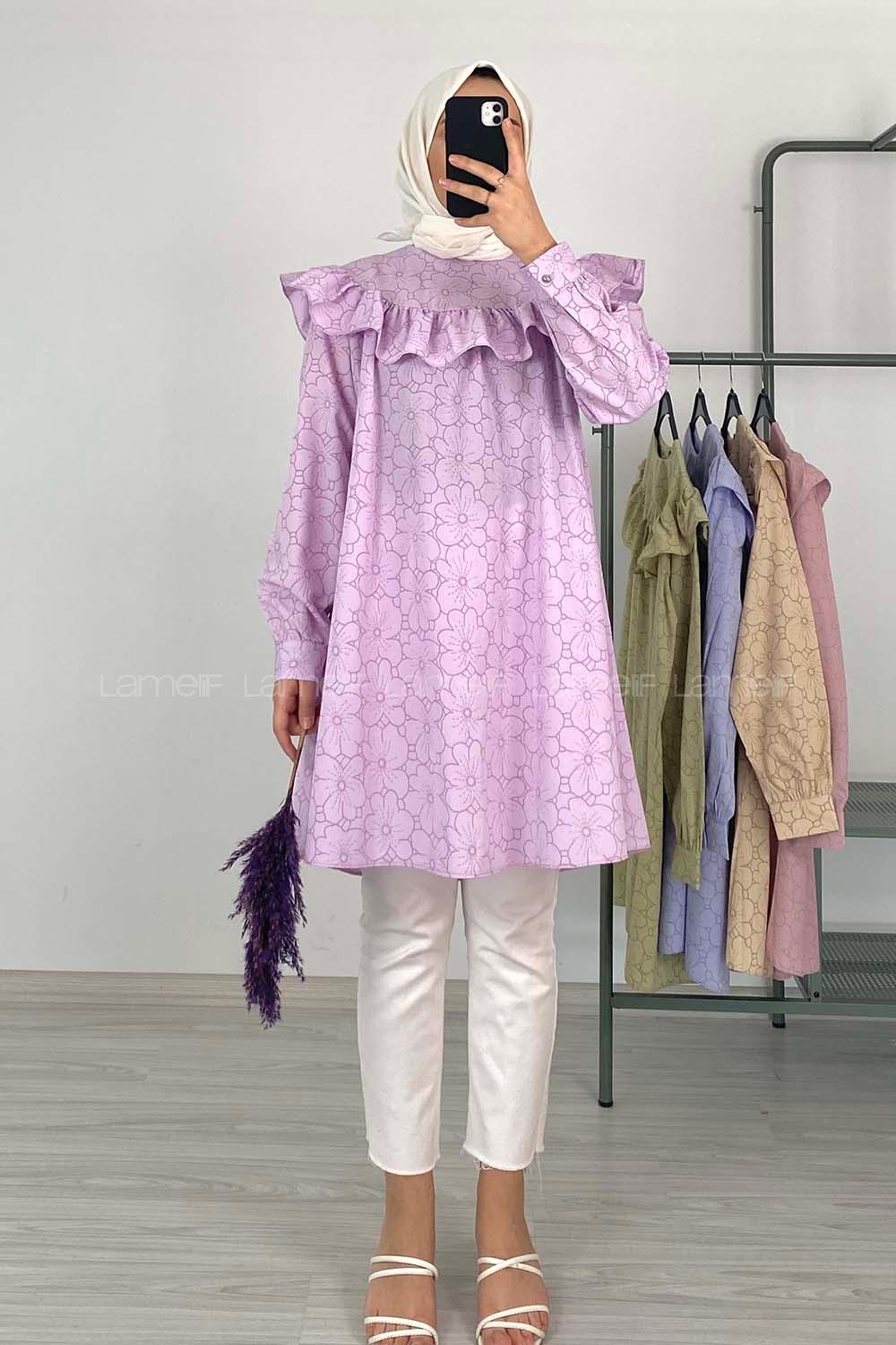 Modalamelif Önü Fırfırlı Desenli Tunik Açık Mor