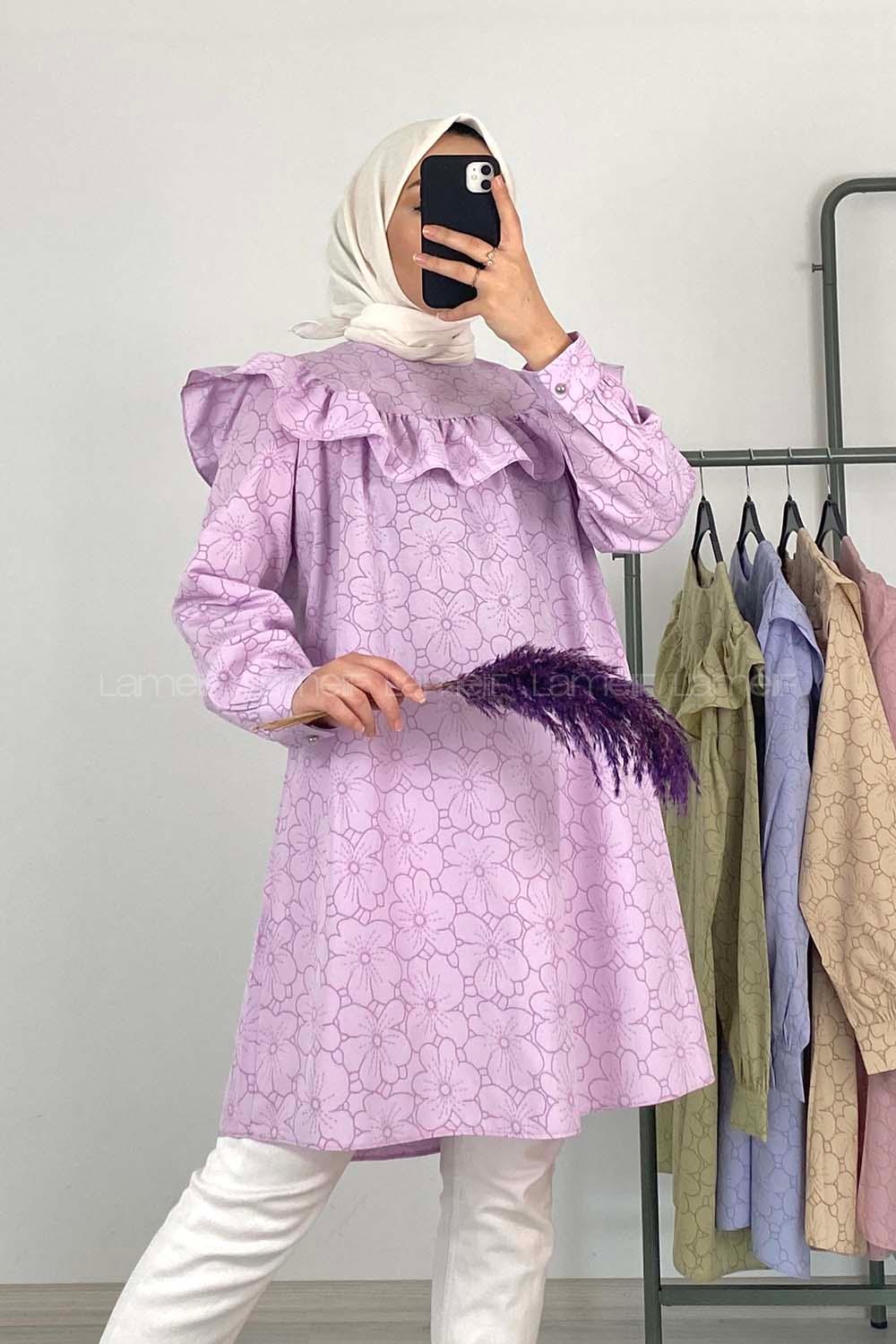 Modalamelif Önü Fırfırlı Desenli Tunik Açık Mor