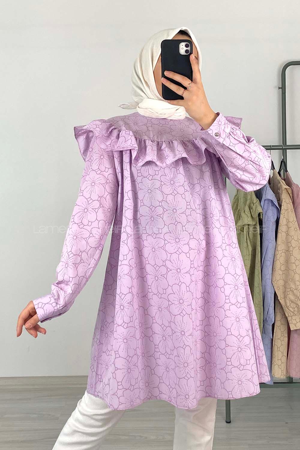 Modalamelif Önü Fırfırlı Desenli Tunik Açık Mor