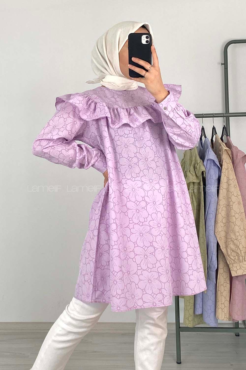 Modalamelif Önü Fırfırlı Desenli Tunik Açık Mor