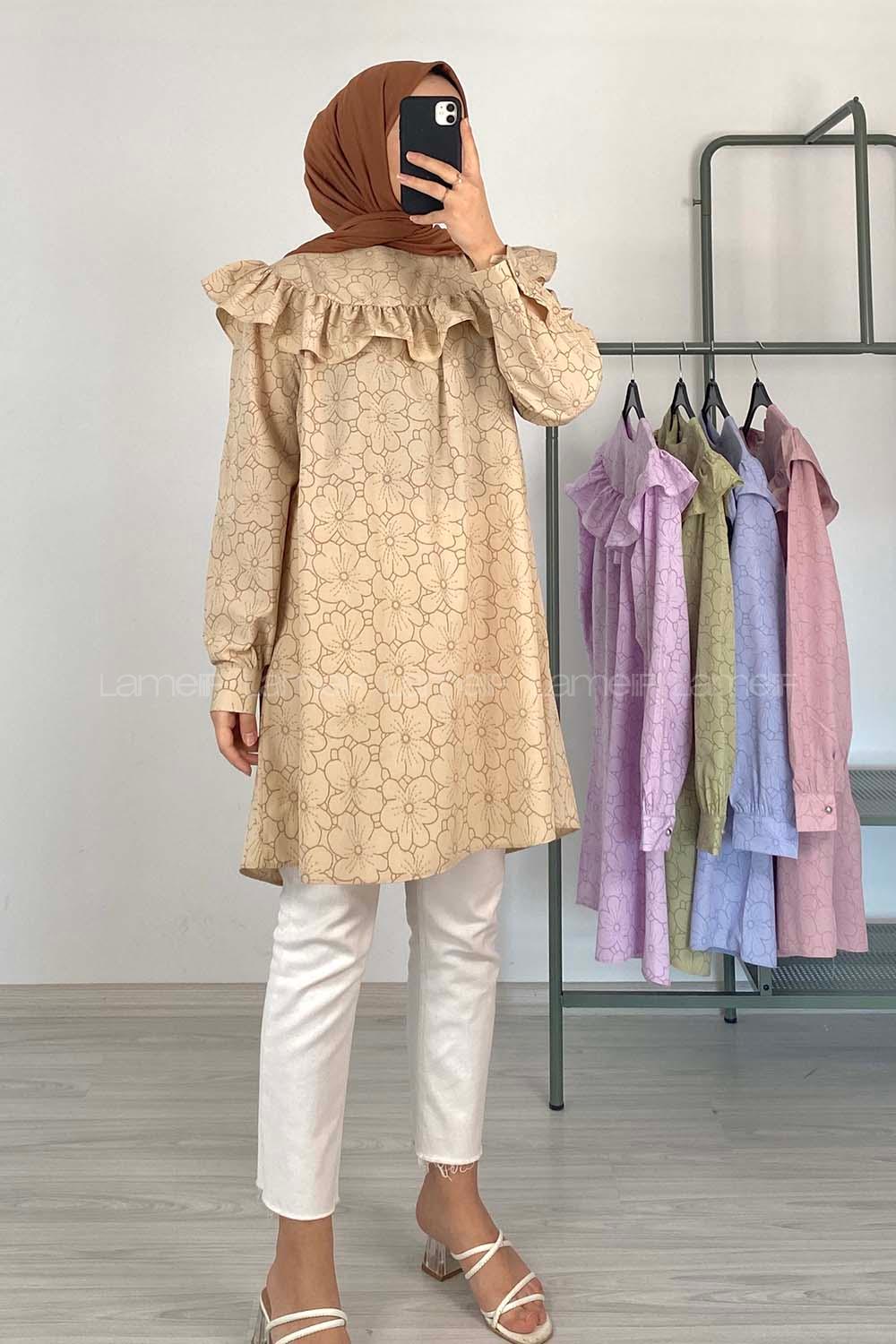 Modalamelif Önü Fırfırlı Desenli Tunik Bej