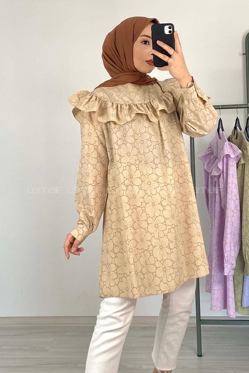 Modalamelif Önü Fırfırlı Desenli Tunik Bej