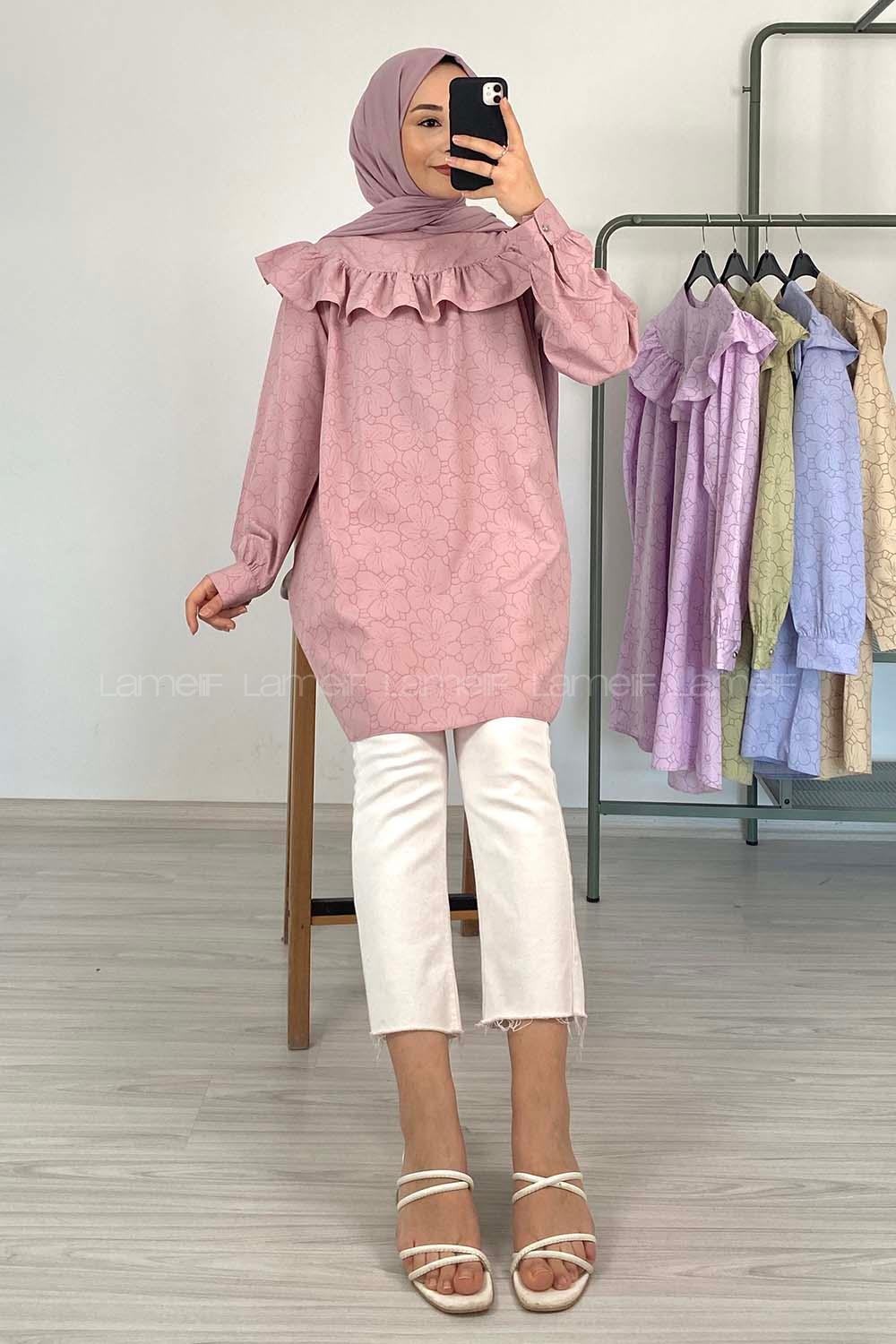 Modalamelif Önü Fırfırlı Desenli Tunik Lila