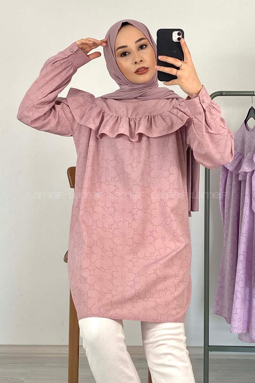 Modalamelif Önü Fırfırlı Desenli Tunik Lila