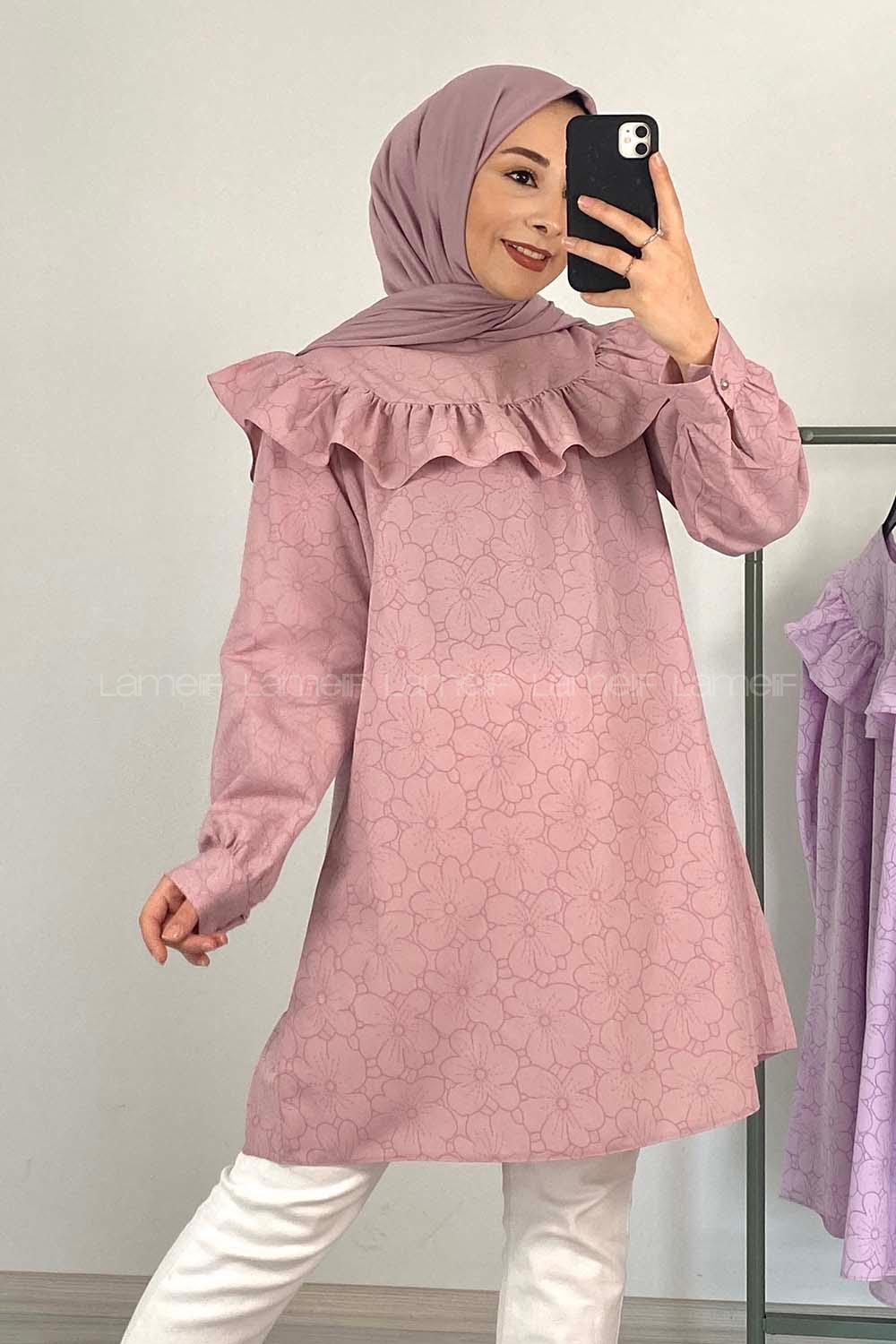 Modalamelif Önü Fırfırlı Desenli Tunik Lila