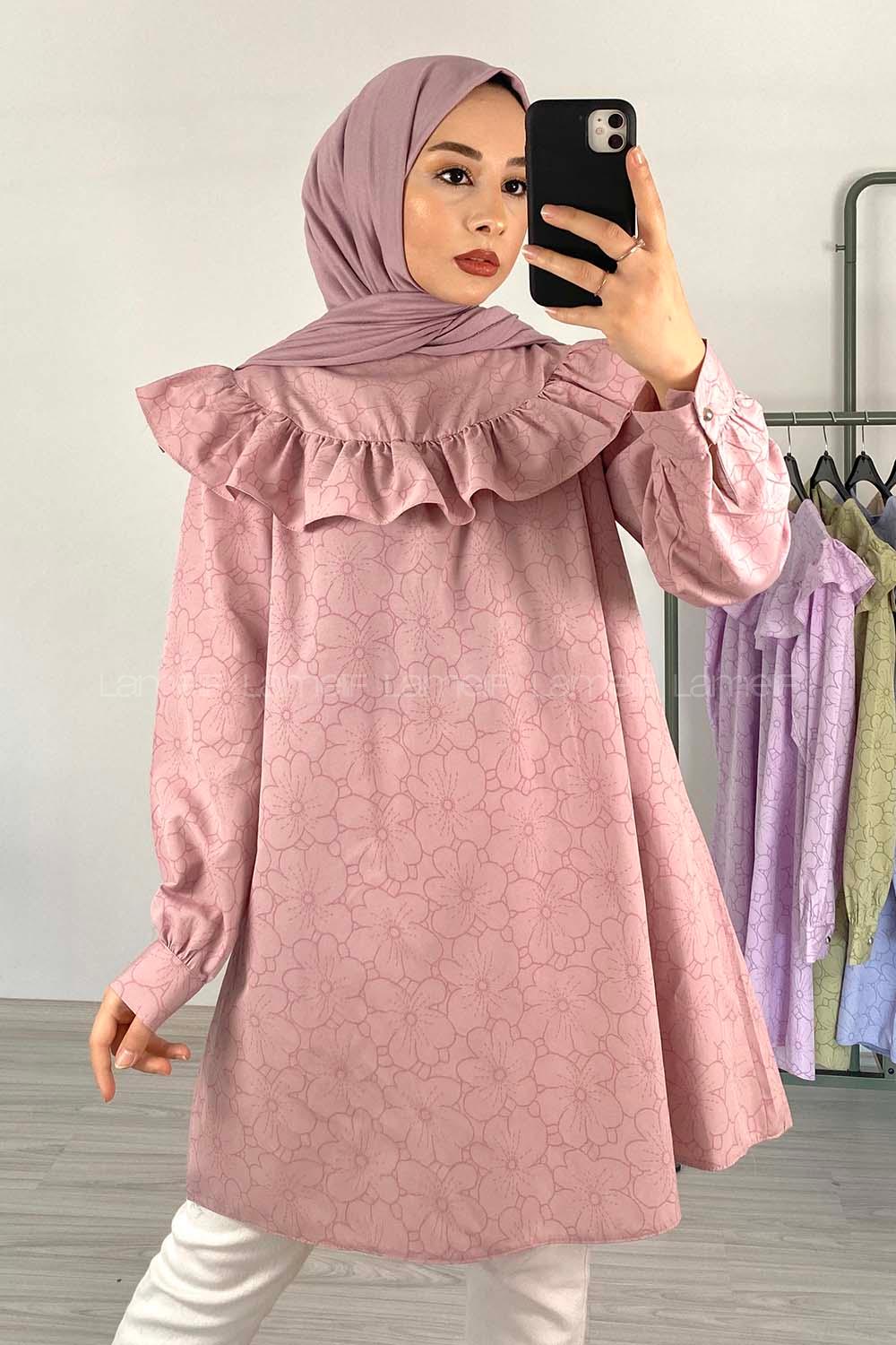 Modalamelif Önü Fırfırlı Desenli Tunik Lila