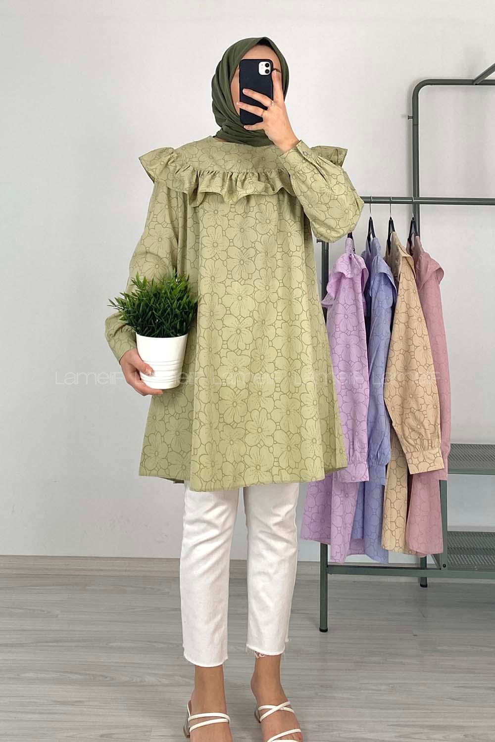 Modalamelif Önü Fırfırlı Desenli Tunik Yeşil