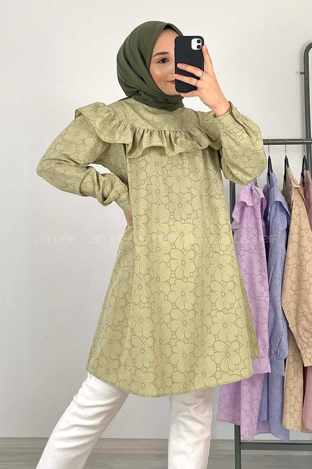 Modalamelif Önü Fırfırlı Desenli Tunik Yeşil