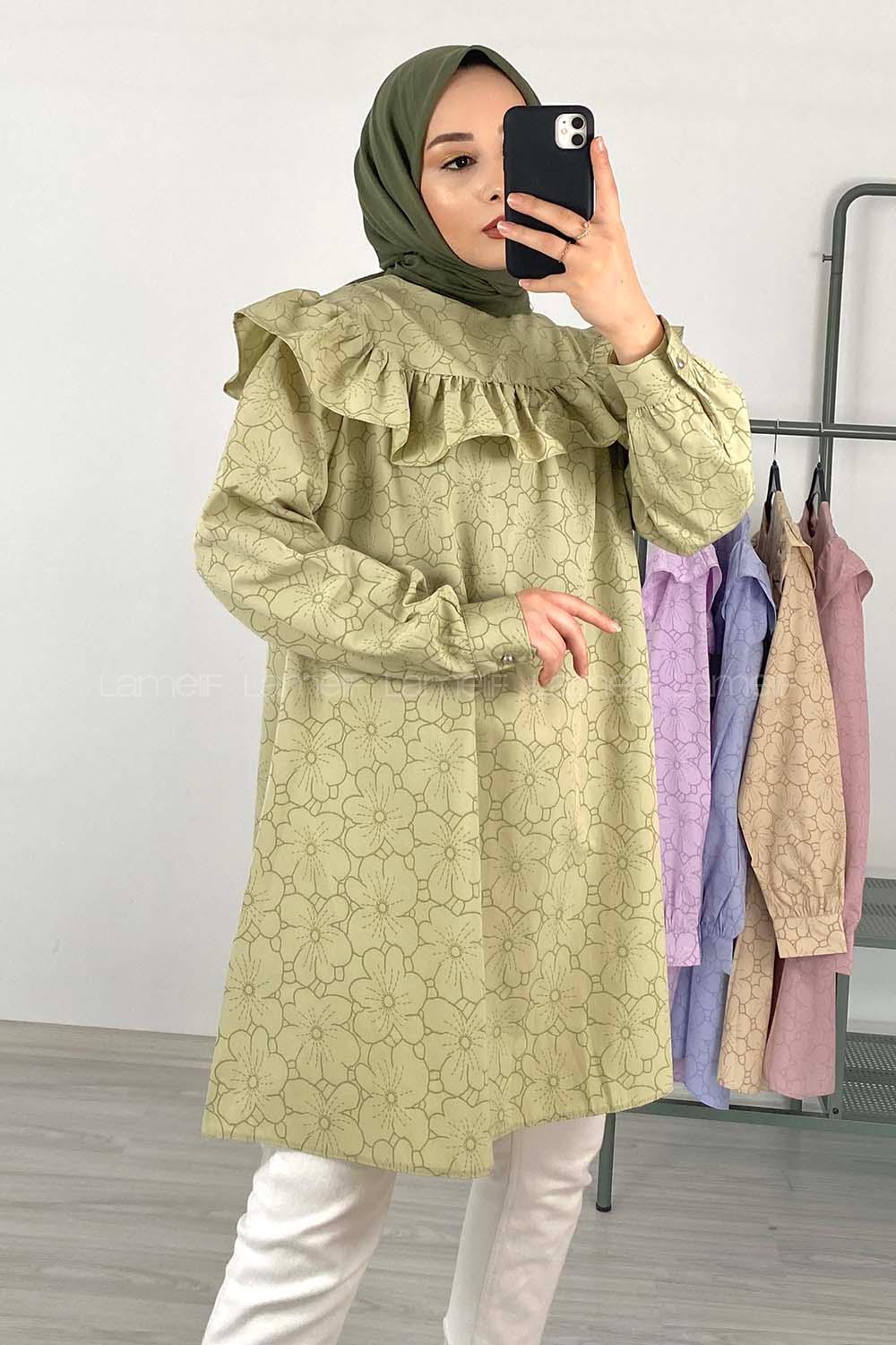 Modalamelif Önü Fırfırlı Desenli Tunik Yeşil