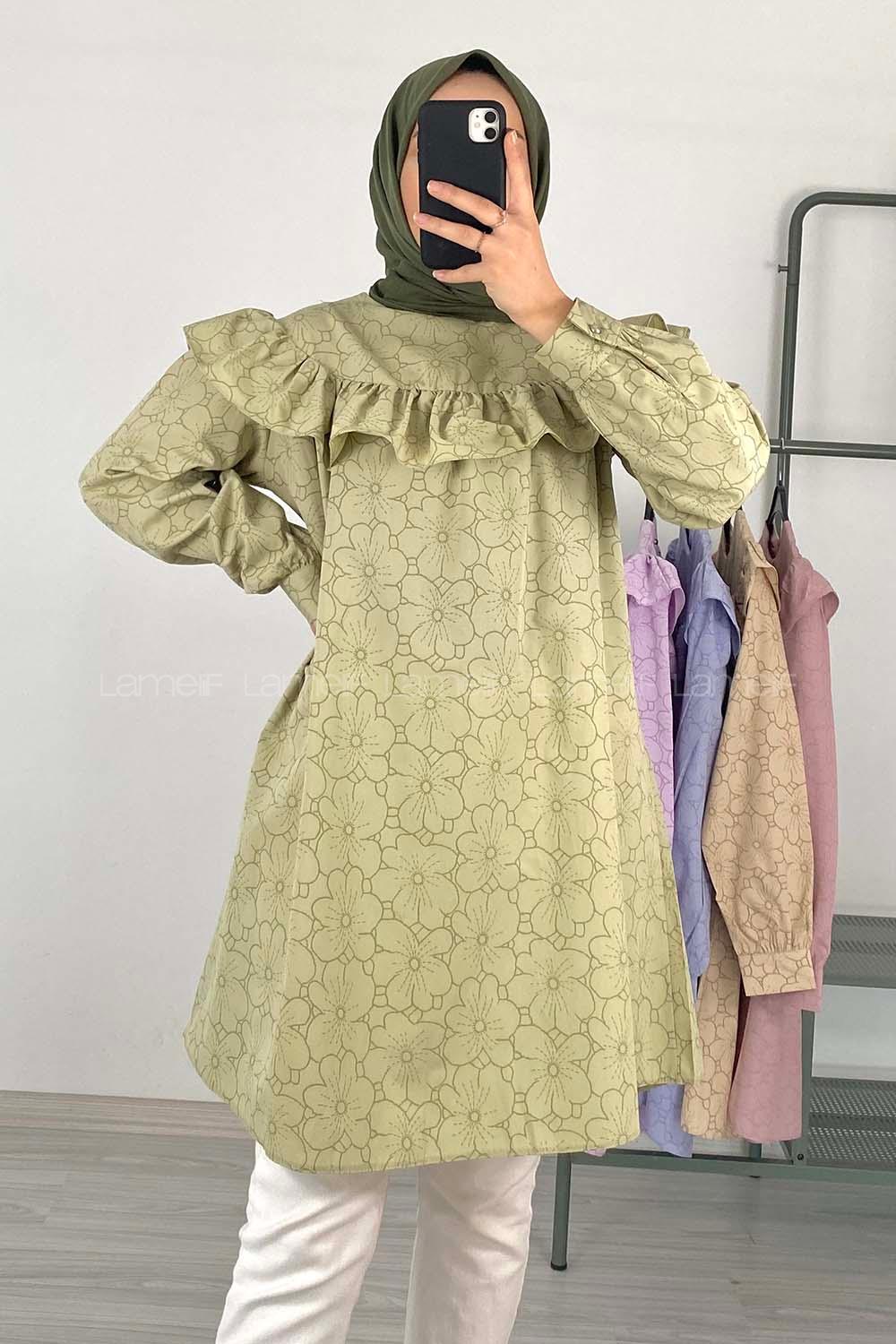 Modalamelif Önü Fırfırlı Desenli Tunik Yeşil