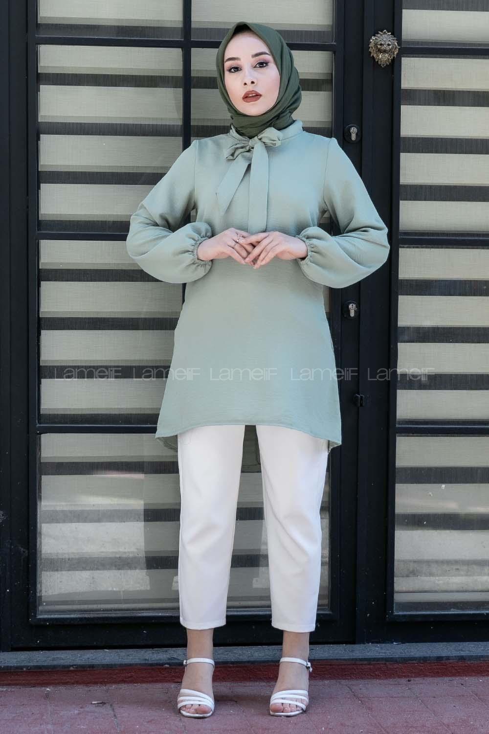 Modalamelif Yaka Bağlamalı Ayrobin Tunik Çağla