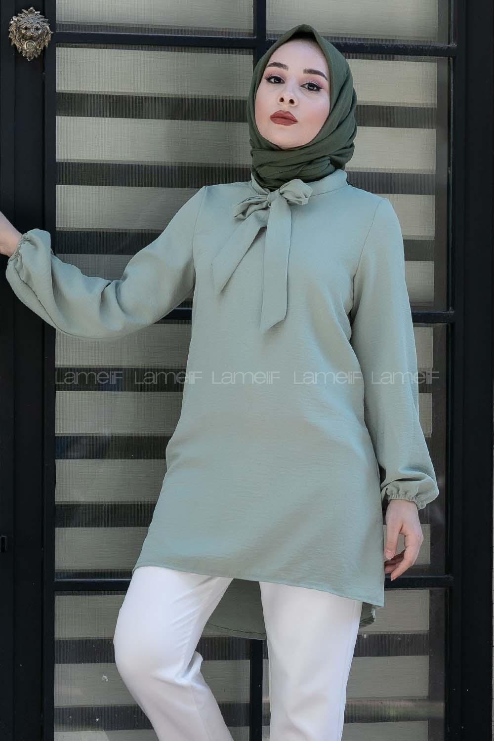 Modalamelif Yaka Bağlamalı Ayrobin Tunik Çağla