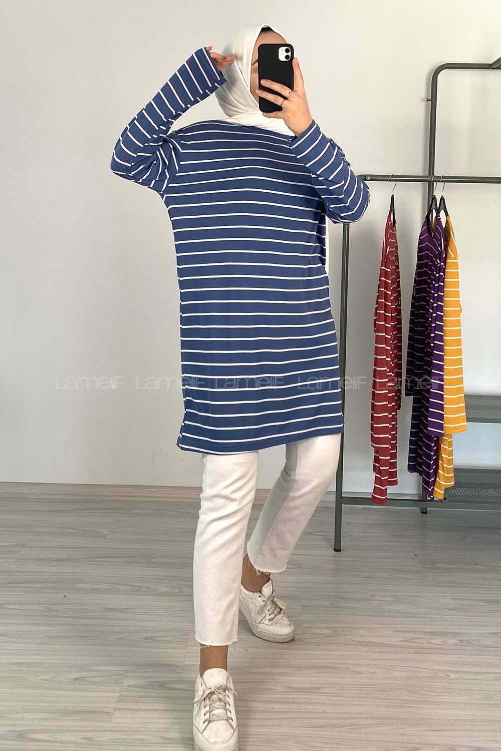 Modalamelif Yatay Çizgili Tunik Açık Mavi