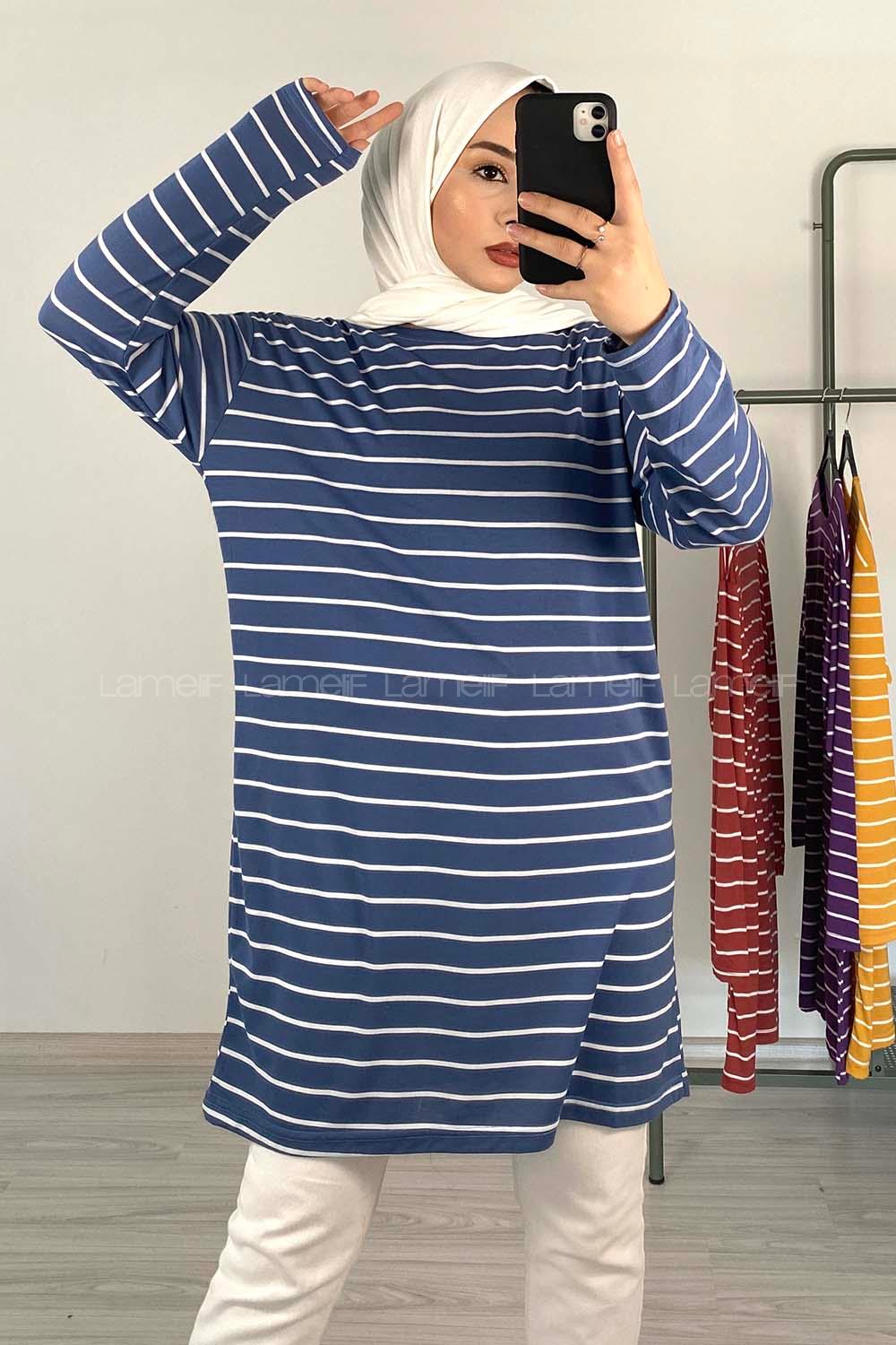 Modalamelif Yatay Çizgili Tunik Açık Mavi