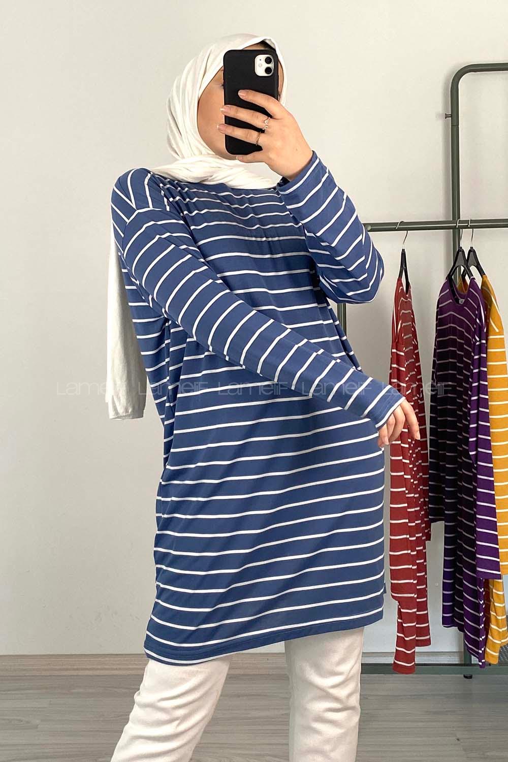 Modalamelif Yatay Çizgili Tunik Açık Mavi