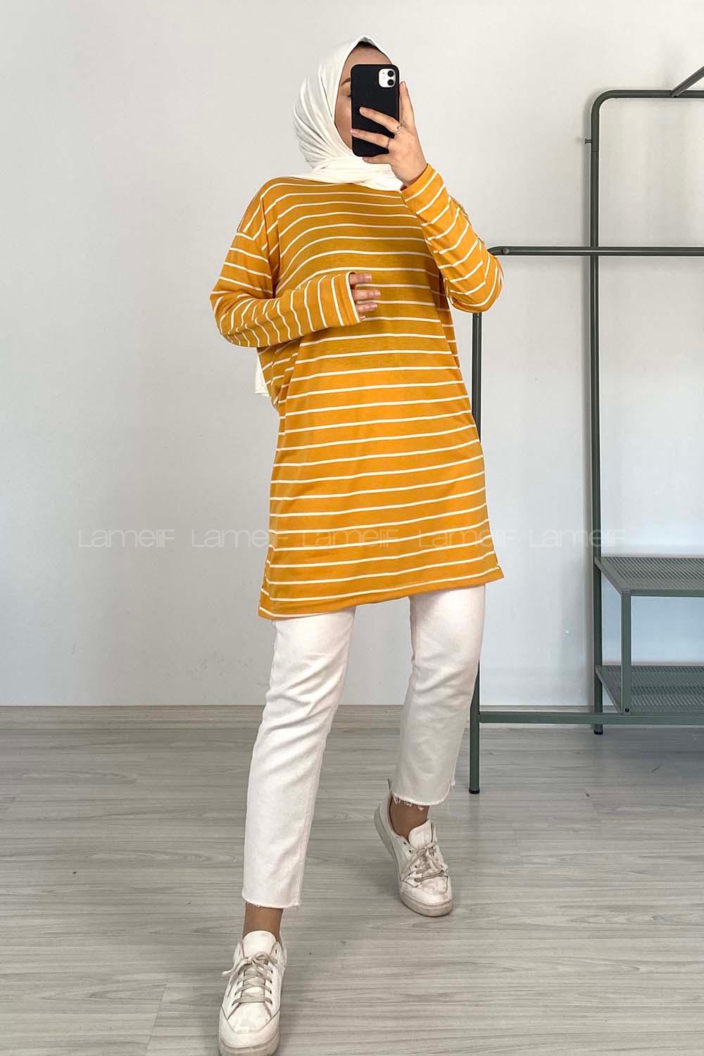 Modalamelif Yatay Çizgili Tunik Hardal Sarısı