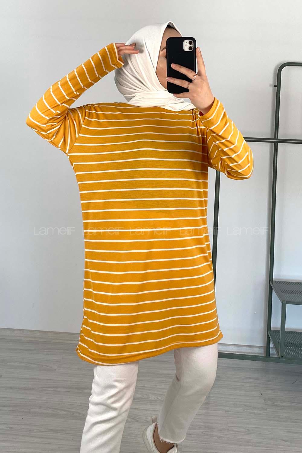 Modalamelif Yatay Çizgili Tunik Hardal Sarısı