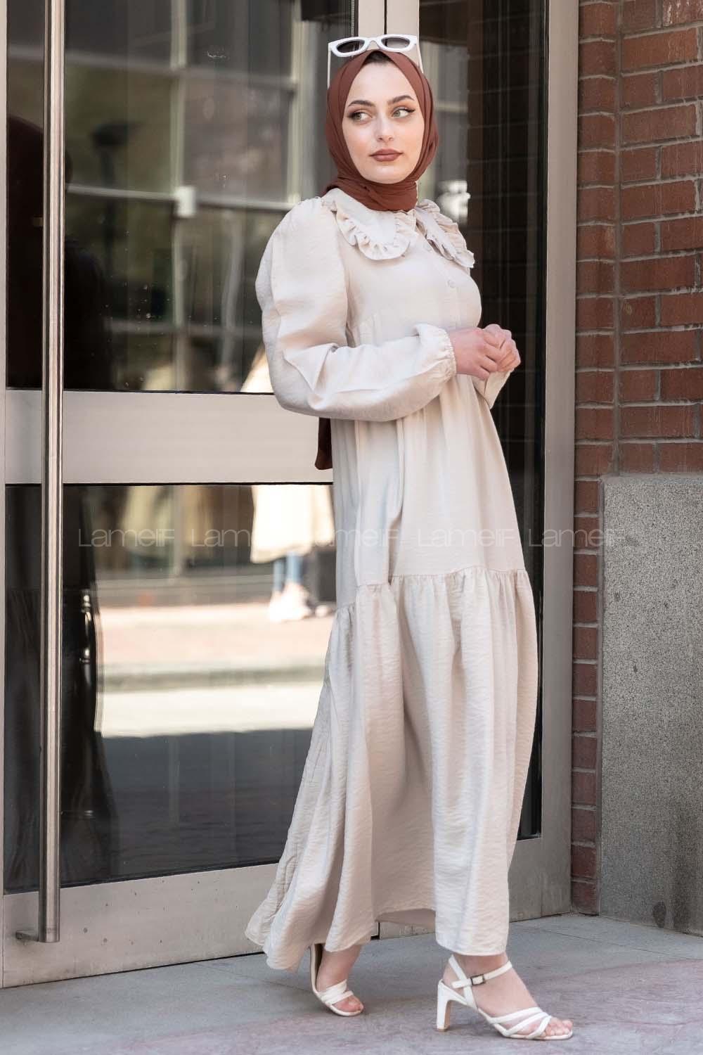 Modalamelif Bebe Yaka Fırfırlı Elbise Taş Rengi