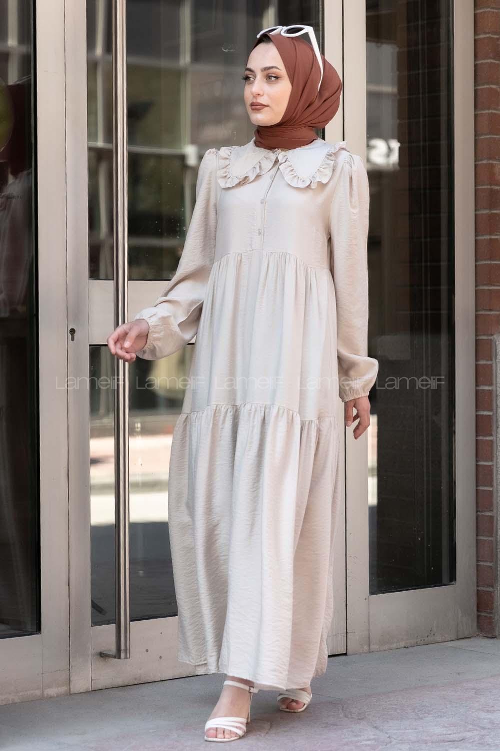 Modalamelif Bebe Yaka Fırfırlı Elbise Taş Rengi