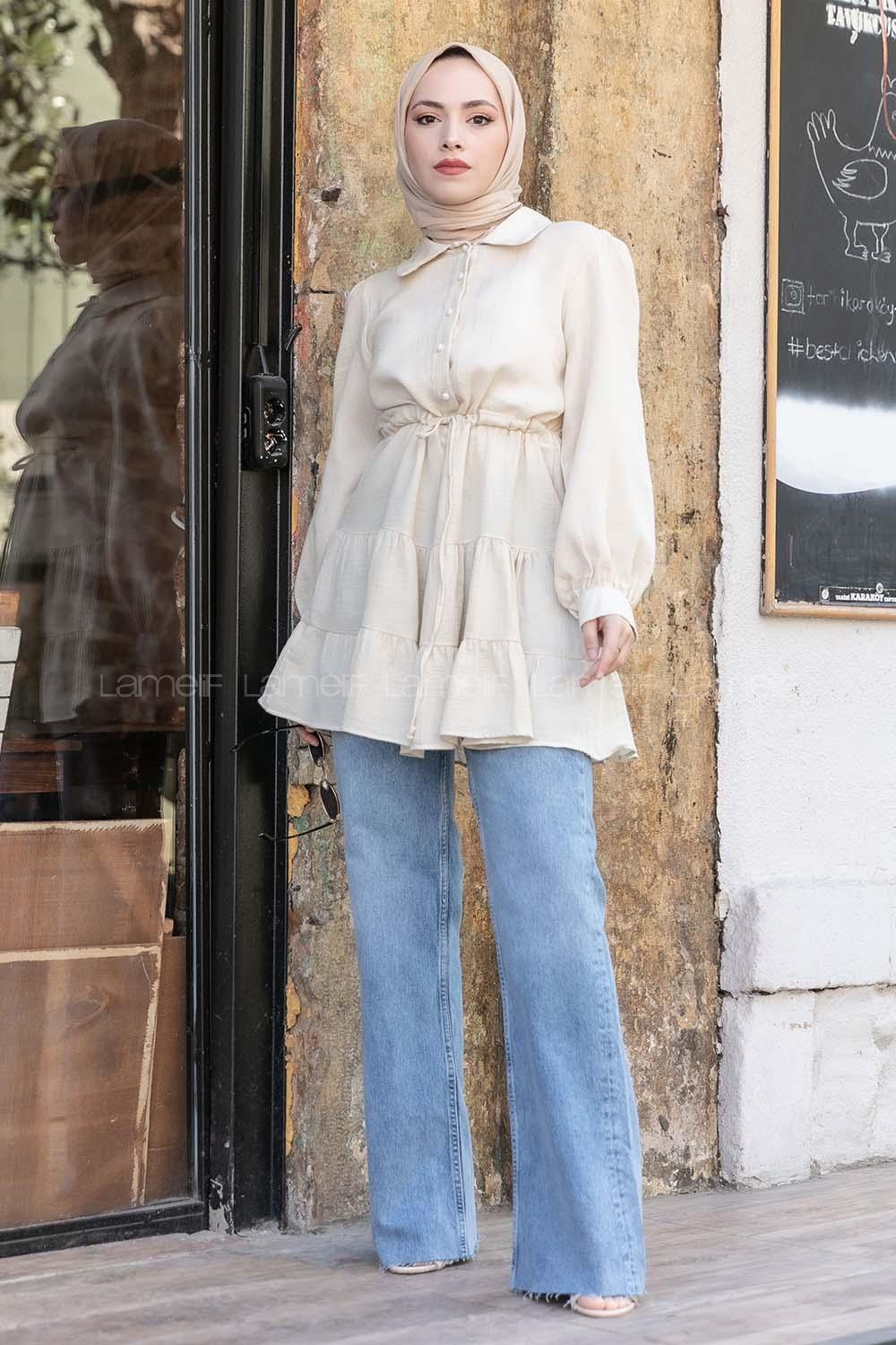 Modalamelif Bel Bağcıklı Fırfırlı Tunik Taş