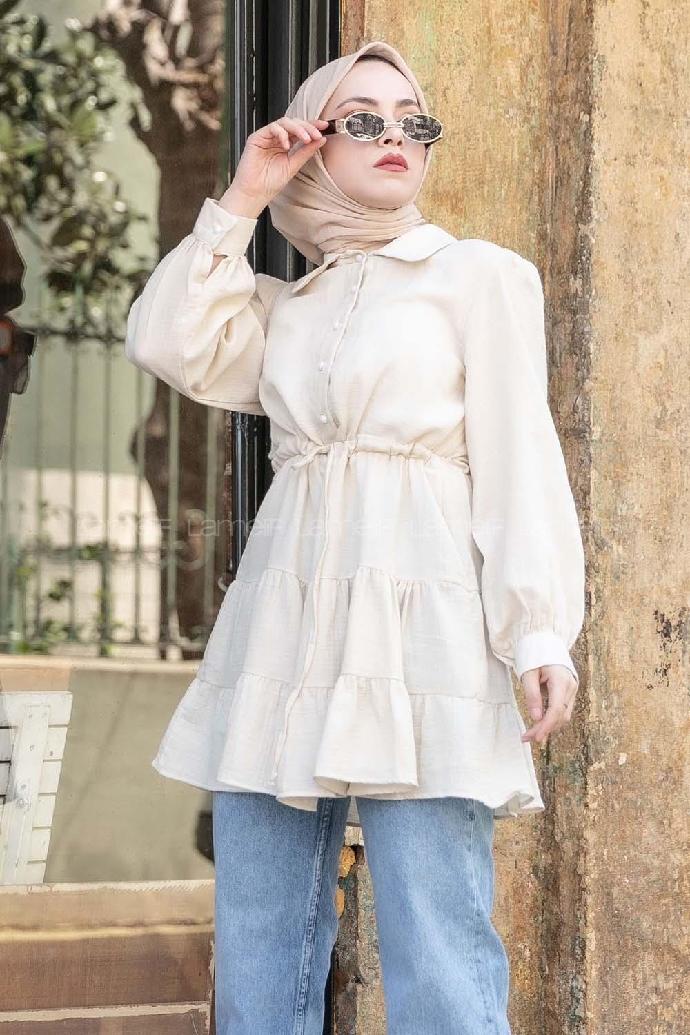 Modalamelif Bel Bağcıklı Fırfırlı Tunik Taş