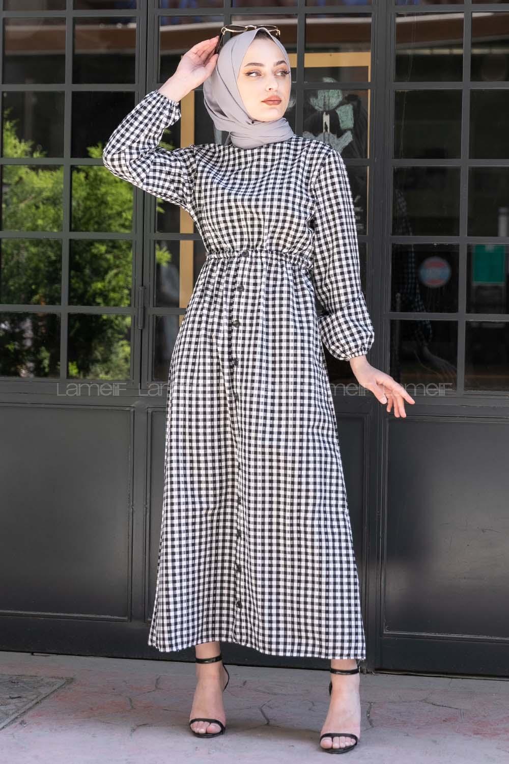 Modalamelif Bel Lastikli Pötikare Gofre Elbise Siyah