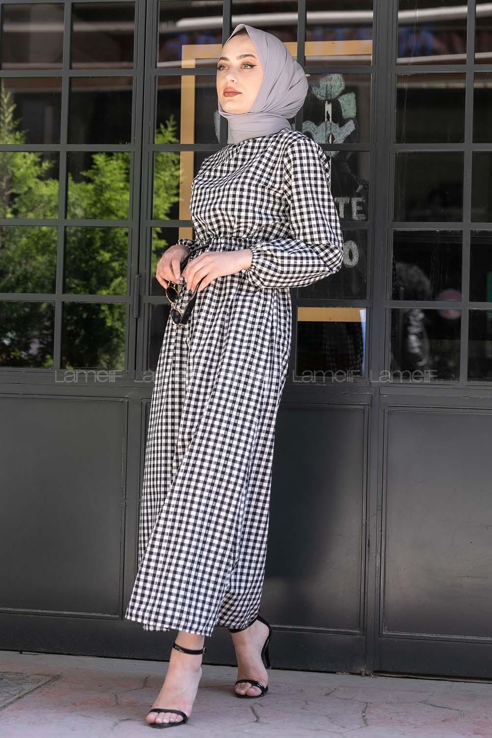 Modalamelif Bel Lastikli Pötikare Gofre Elbise Siyah