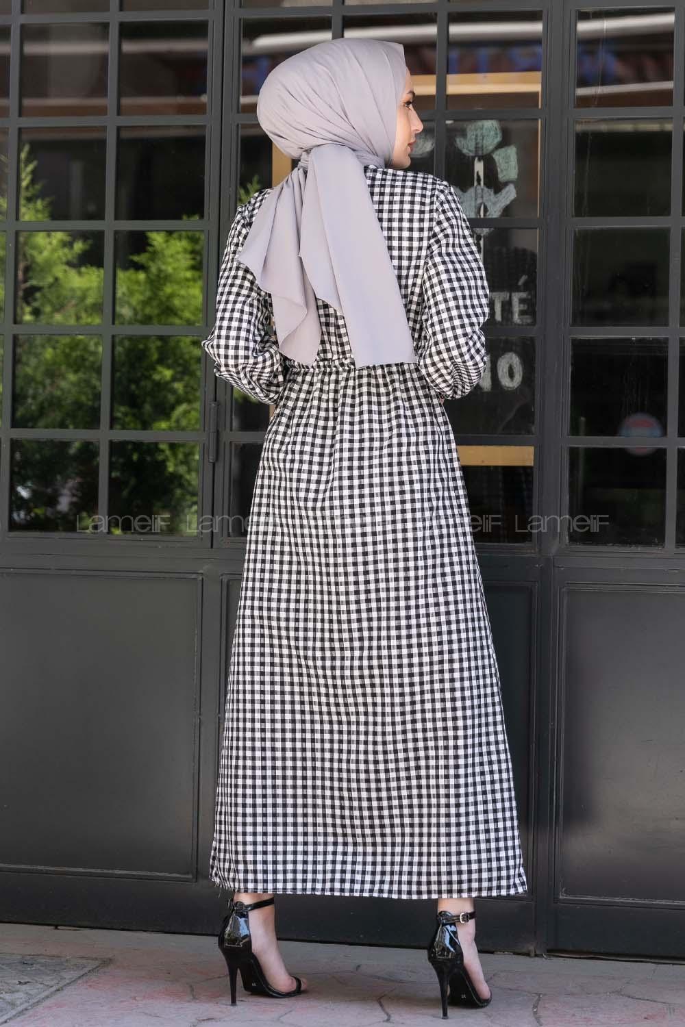 Modalamelif Bel Lastikli Pötikare Gofre Elbise Siyah