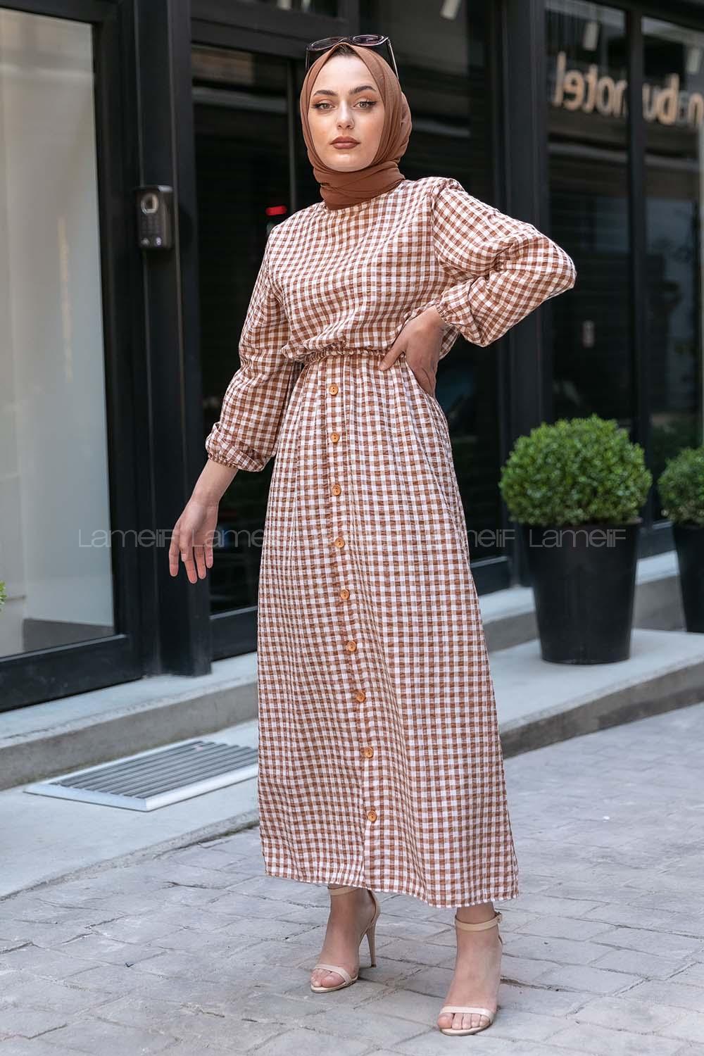 Modalamelif Bel Lastikli Pötikare Gofre Elbise Sütlü Kahve