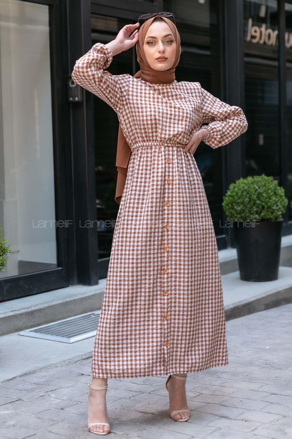 Modalamelif Bel Lastikli Pötikare Gofre Elbise Sütlü Kahve