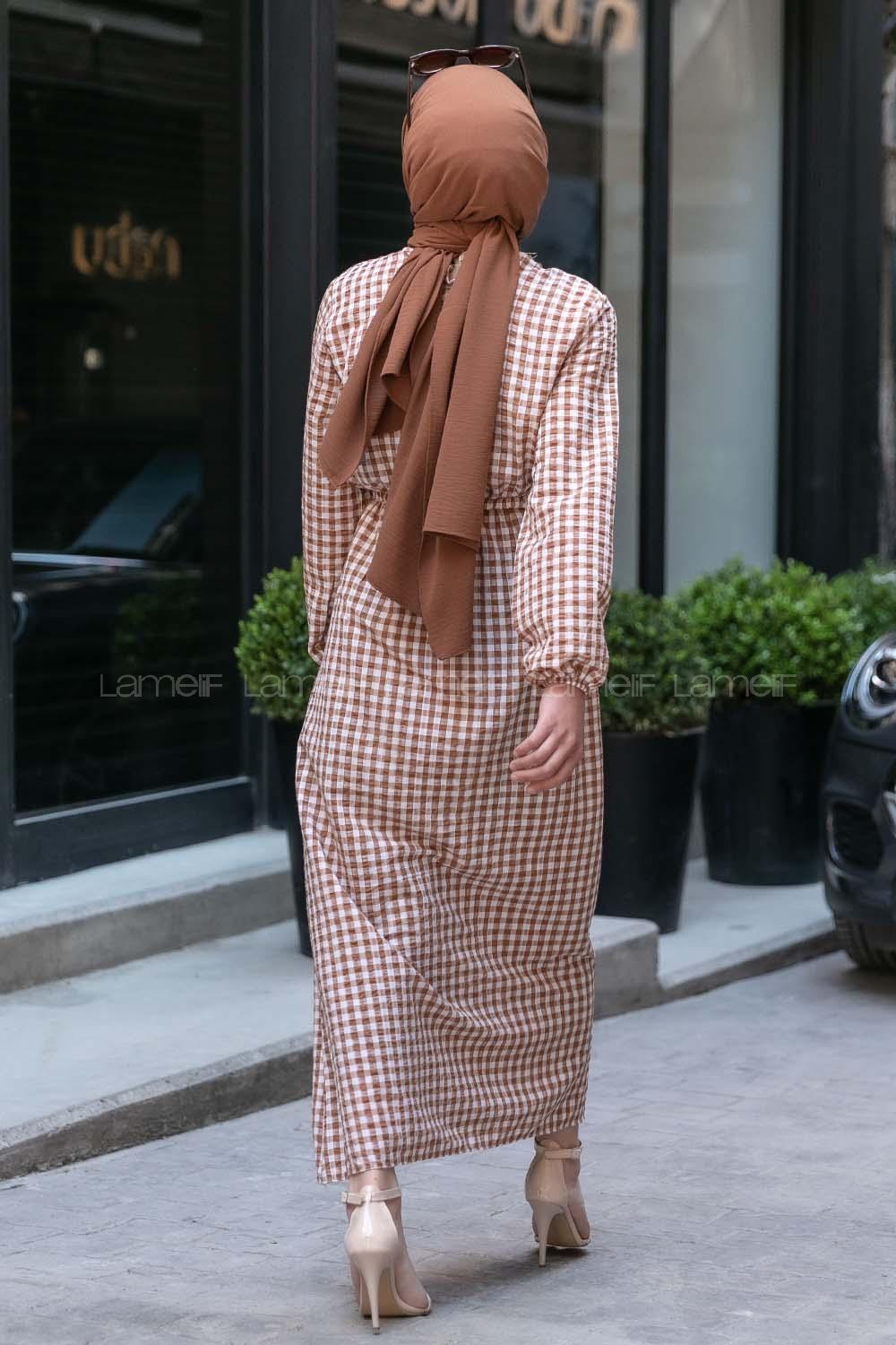 Modalamelif Bel Lastikli Pötikare Gofre Elbise Sütlü Kahve