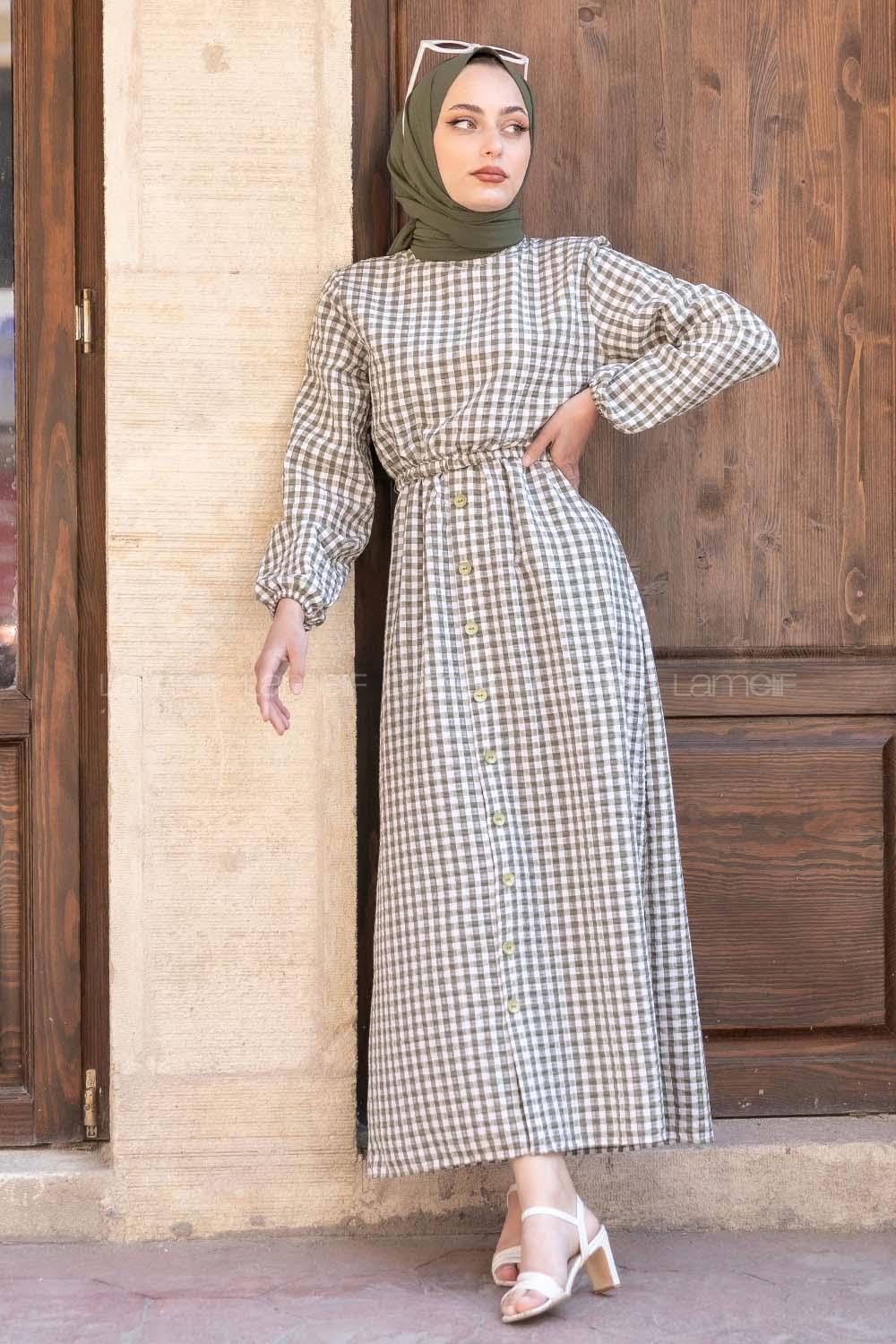 Modalamelif Bel Lastikli Pötikare Gofre Elbise Yeşil