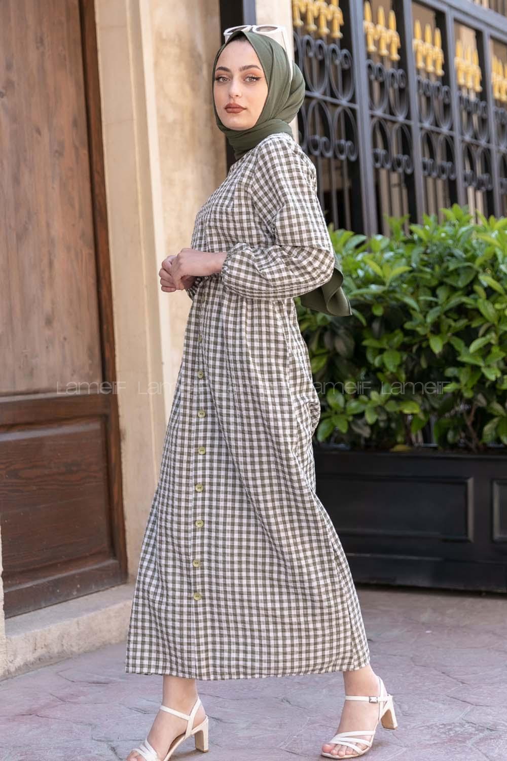 Modalamelif Bel Lastikli Pötikare Gofre Elbise Yeşil